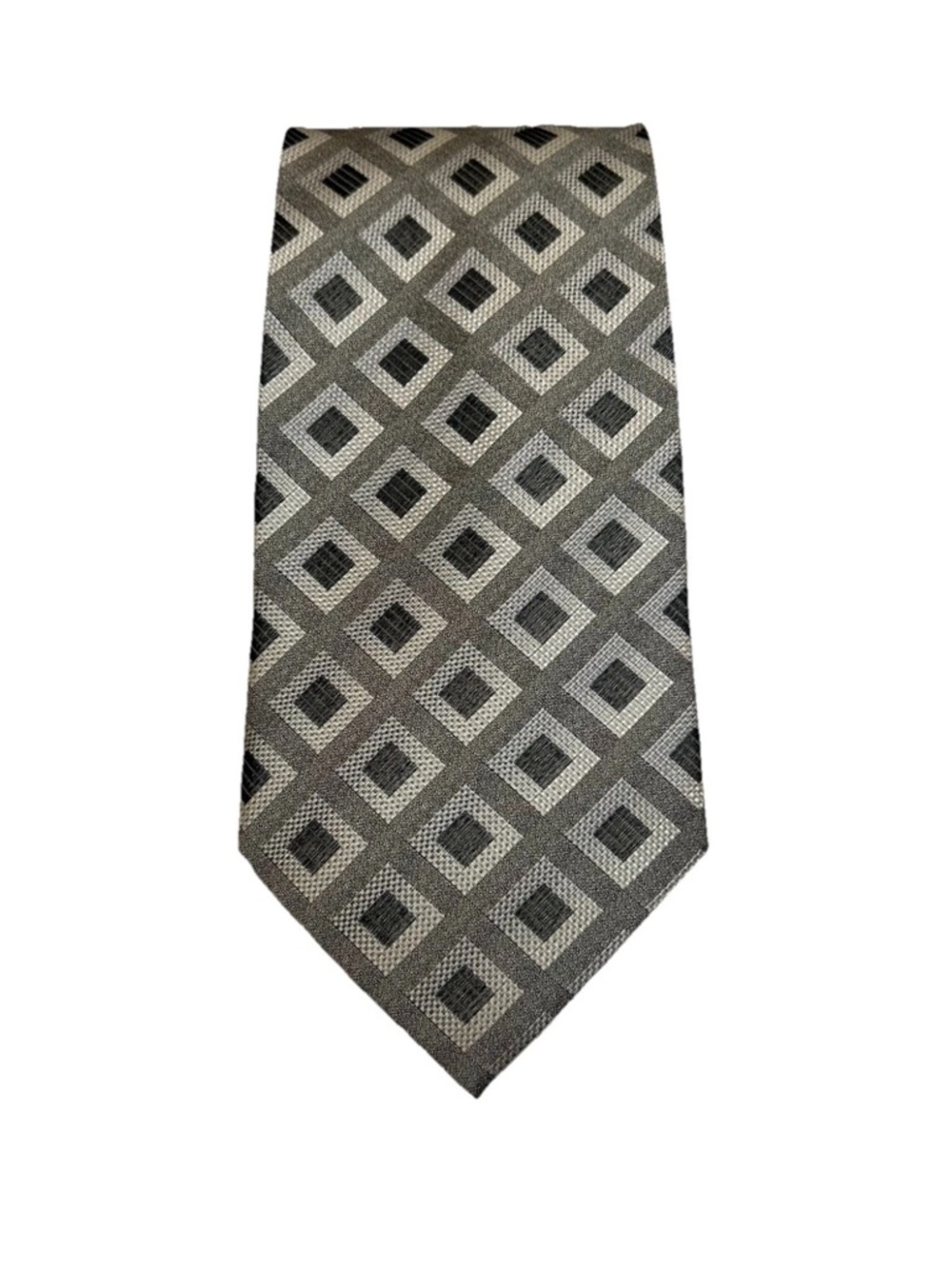Courage Mens Silk Tie Hand Made Necktie Silver Gray Black Geometric Squares Wide